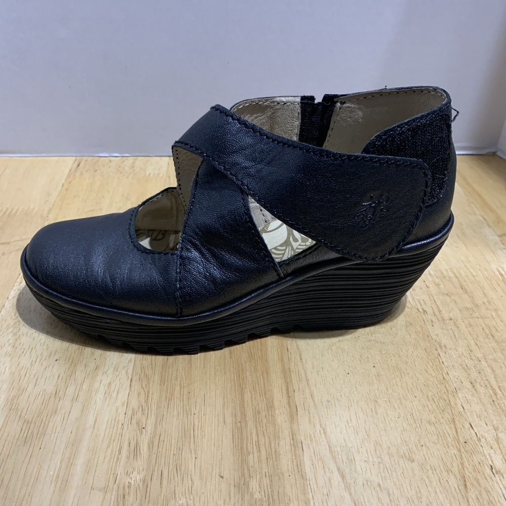 Fly London Women Shoes Yogo Size 7.5M Green Wedge Heel Leather Pump Pre Owned qp